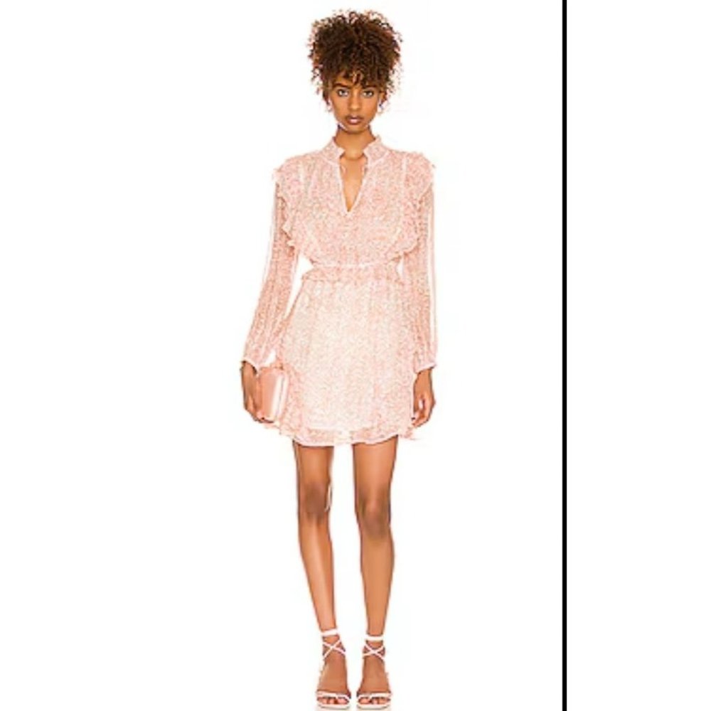 Cleobella Zaira Mini peach white Print Ruffle Chiffon dress size Medium